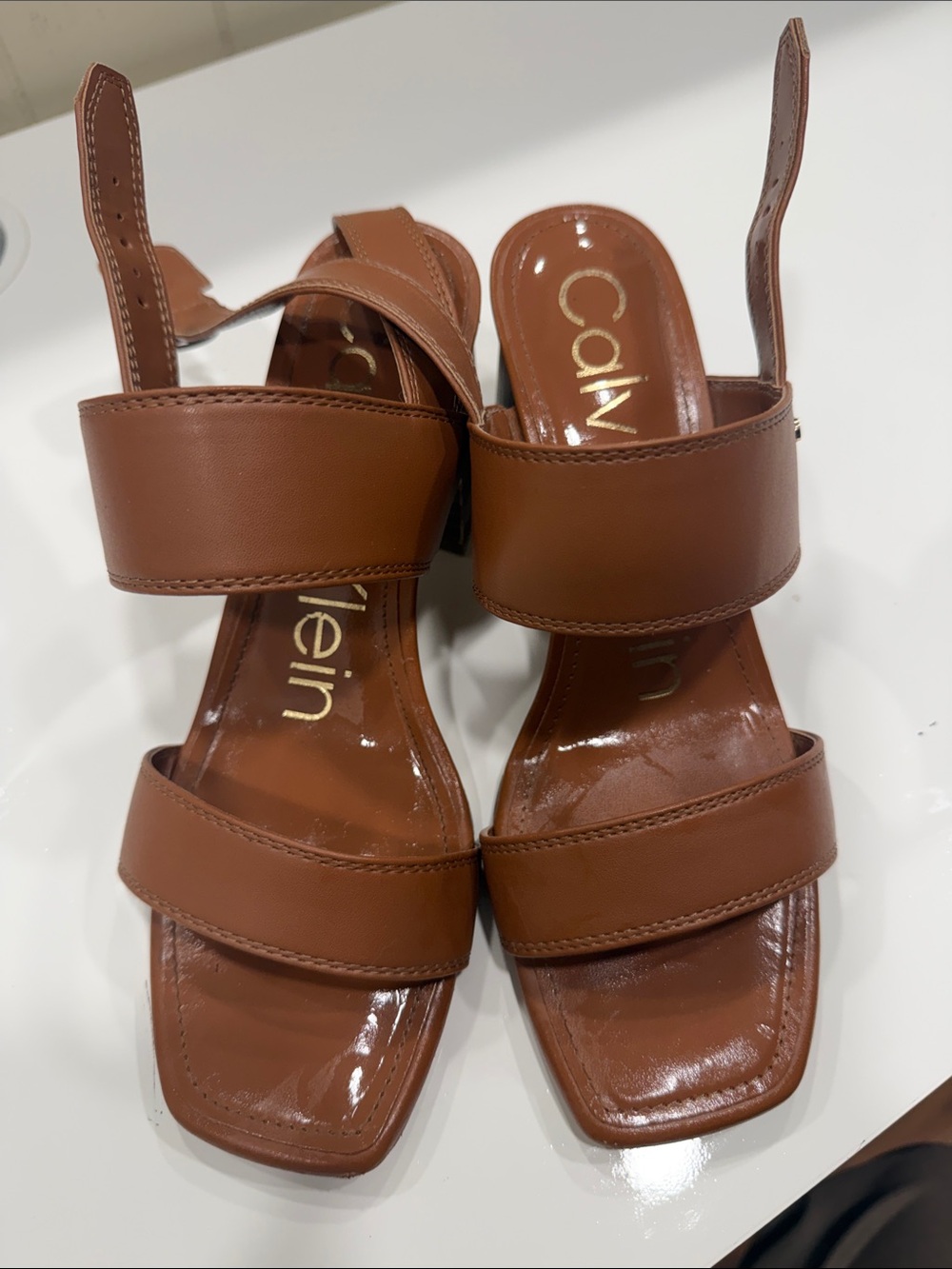 Calvin Klein Women's Tan Brown Leather Double-Strap Heels